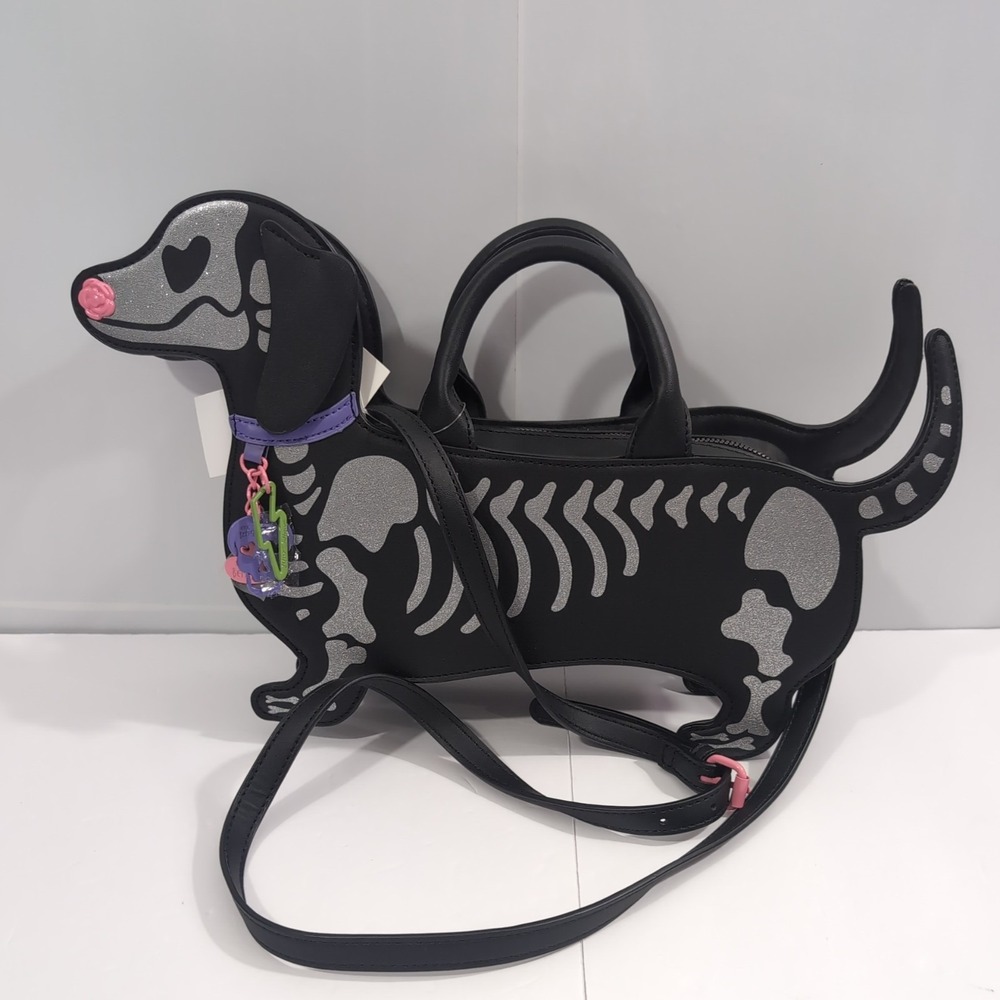 Betsey Johnson Skeleton Dachshund Dog Crossbody Bag Zip Detachable Strap New